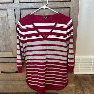 Women's Striped V-Neck Top - Maroon and Gray